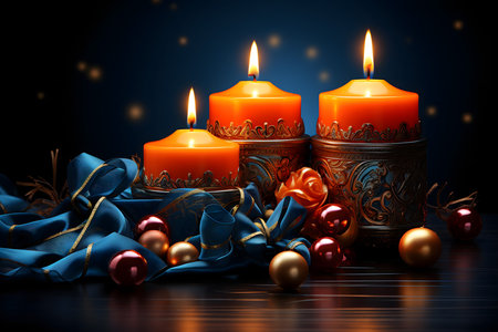 Three burning candles and Christmas balls on a dark background. 3d renderingの素材
