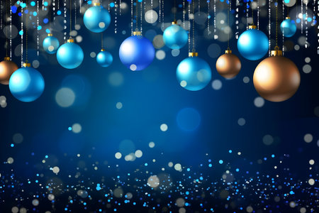 Christmas background with blue and silver balls and lights. Vector illustration.の素材