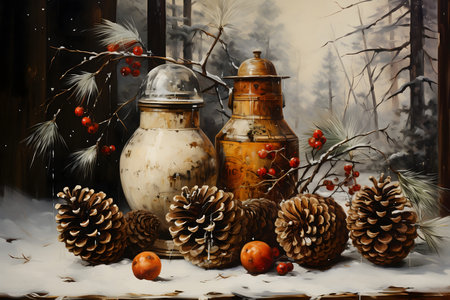 Vintage still life with candlesticks, berries and cones in the winter forestの素材