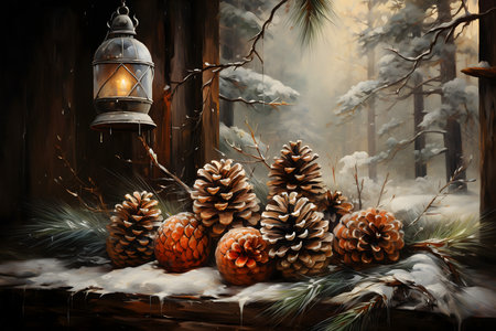 Pine cones and lantern in the winter forest. 3d illustrationの素材