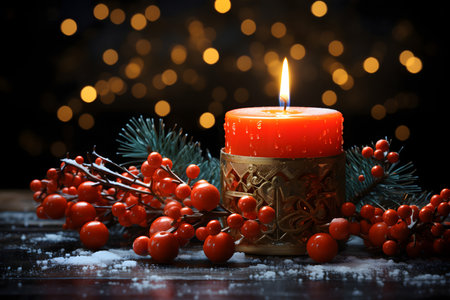 Burning candle with Christmas decoration on wooden table against blurred lights backgroundの素材