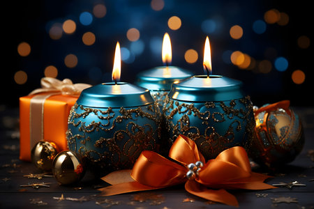 Christmas decoration with burning candles and gift box on dark background, closeupの素材