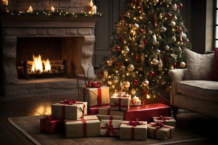 Beautiful Christmas tree with presents near fireplace in room. Interior designの素材