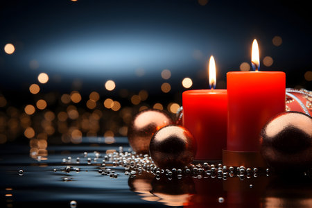 Christmas composition with candles and bokeh lights on black background.の素材