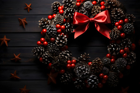Christmas wreath with fir cones and red berries on black wooden backgroundの素材