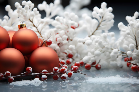 Christmas still life with red baubles and white snowflakesの素材