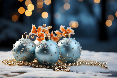 Blue christmas baubles with orchid flower on snow with bokeh backgroundの素材