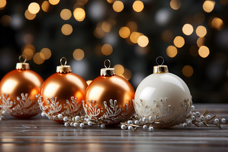Beautiful Christmas balls on wooden table against blurred lights, closeupの素材