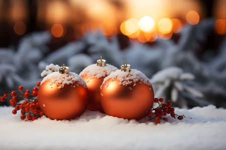 Christmas balls on snow with bokeh background, winter holiday conceptの素材