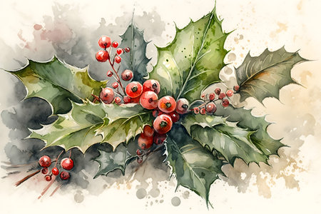Watercolor illustration of holly berry with leaves and berries.の素材