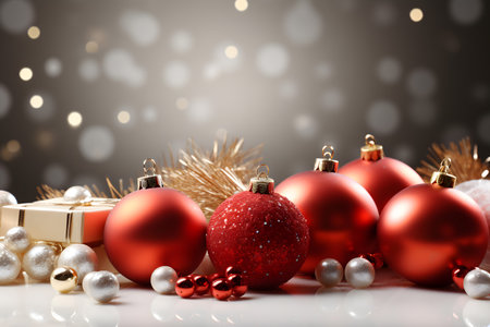 Christmas background with red baubles and gifts on bokeh backgroundの素材