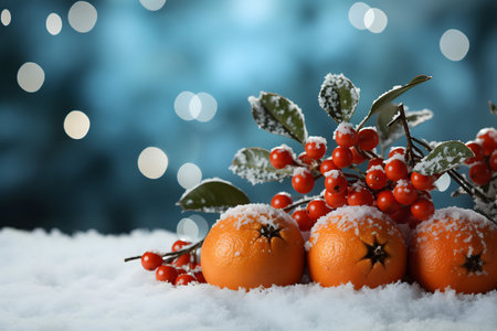 Christmas composition with rowan berries and oranges in snow on bokeh backgroundの素材