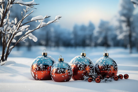 Christmas baubles on snow in the winter forest. 3d renderingの素材