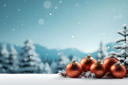 Christmas background with red baubles and fir tree in snowy landscapeの素材