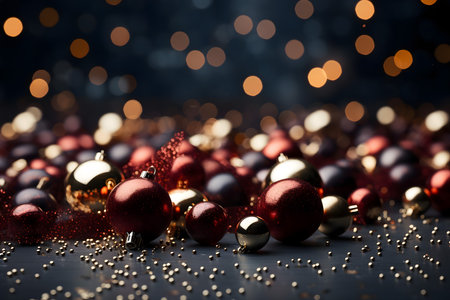 Christmas background with red and golden baubles on bokeh lightsの素材