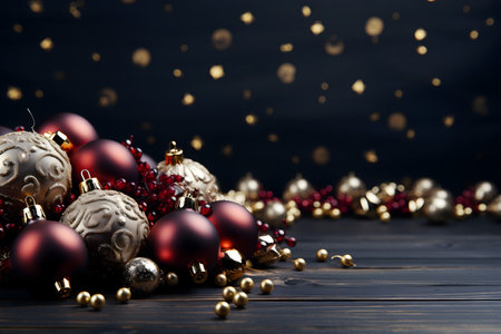 Christmas baubles on dark wooden background with bokeh effectの素材