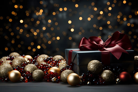 Gift box with red bow and christmas balls on bokeh backgroundの素材