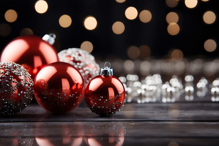 Red christmas baubles on wooden table with bokeh backgroundの素材