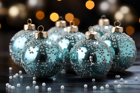 Beautiful blue Christmas balls on table against blurred lights, closeupの素材