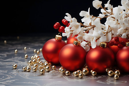Christmas background with red balls and white orchid on a black backgroundの素材