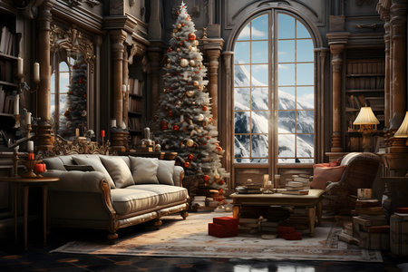 3D rendering of a living room with a Christmas tree and fireplaceの素材