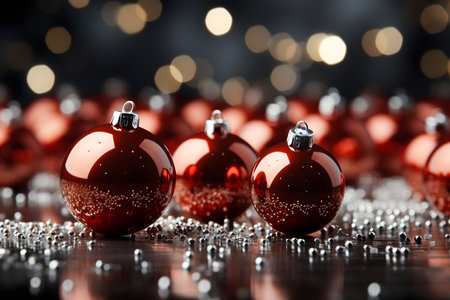 Red christmas balls on bokeh background. New Year conceptの素材