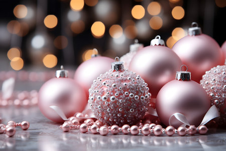 Christmas decoration with pink baubles on bokeh lights backgroundの素材