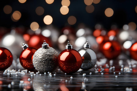 Silver and red christmas baubles on bokeh backgroundの素材