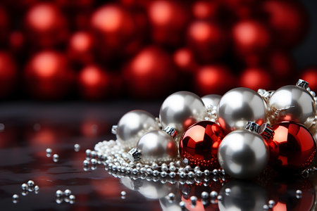 Christmas decoration on a black background with red balls and pearls.の素材