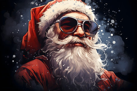 Santa Claus portrait in sunglasses on a dark background. Holiday illustration.の素材