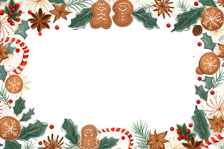 Christmas frame with gingerbread cookies and fir branches. Vector illustration.の素材