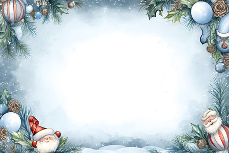 Christmas background with fir branches, snowflakes and Santa Claus.の素材
