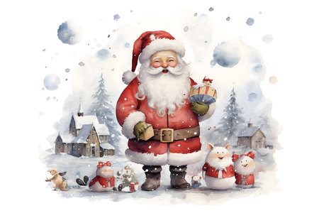 Santa Claus with gifts in the village. Hand drawn watercolor illustrationの素材