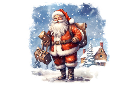 Santa Claus with a bag of gifts in the village. Watercolor illustrationの素材