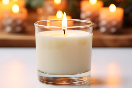 Burning candle in glass on table in room with Christmas decorations, closeupの素材
