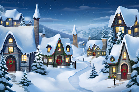 Winter village with houses and trees covered with snow - illustration for childrenの素材
