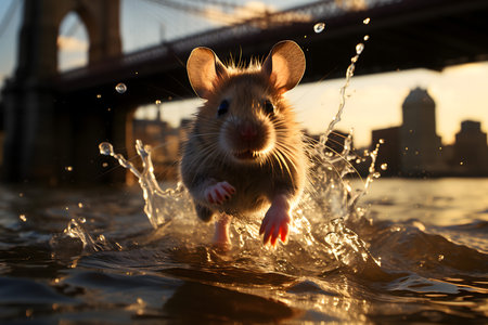 Hamster in the water at sunset. Close-up of a domestic rat.の素材