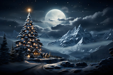 Christmas tree in the village at night with full moon and snowy mountainsの素材