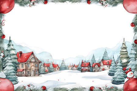 Christmas background with snow covered village and christmas tree. Watercolor illustration.の素材