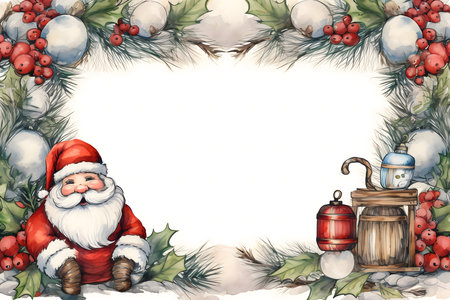 Christmas greeting card with Santa Claus and mistletoe. Watercolorの素材