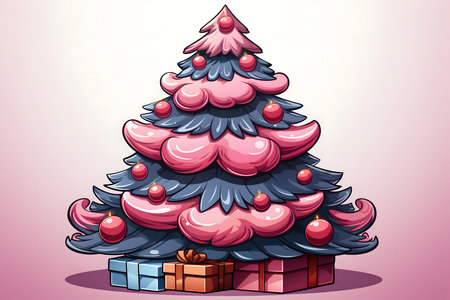 Illustration of a Christmas tree with a present on a pink backgroundの素材