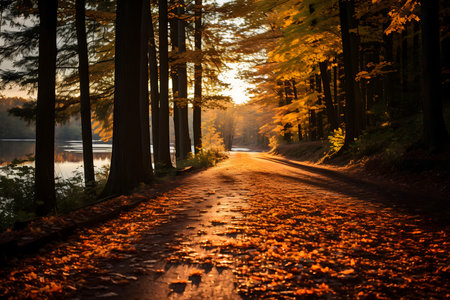 Sunset in the forest. Autumn landscape with road and trees.の素材