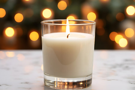 Burning candle in glass on table against blurred Christmas lights, closeupの素材