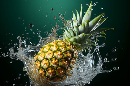 Pineapple in water splash on dark background. 3d renderingの素材