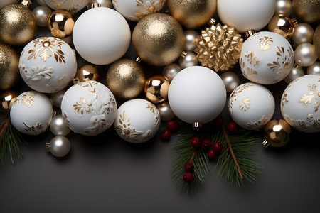 Christmas background with baubles and fir branches. 3d renderingの素材