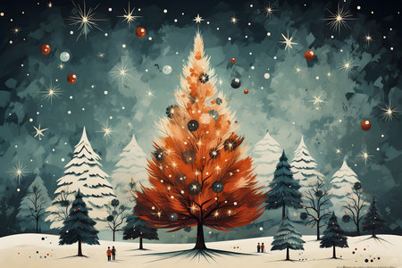Christmas and New Year background with Christmas tree and falling snowflakesの素材