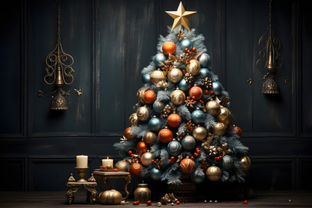 Christmas tree with baubles and ornaments in vintage interiorの素材