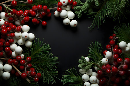 Christmas decoration on black background with copy space. Top view, flat layの素材