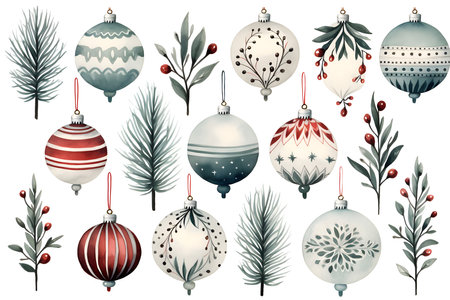 Set of christmas balls with fir branches and berries. Vector illustration.の素材