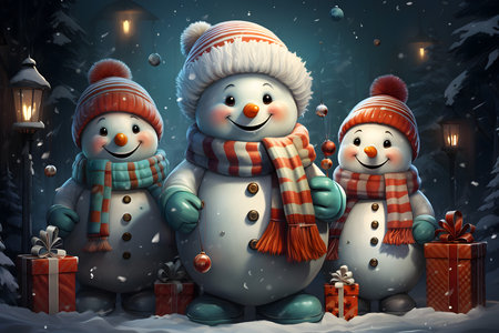 Happy snowman family in winter city street. Christmas and New Year concept.の素材